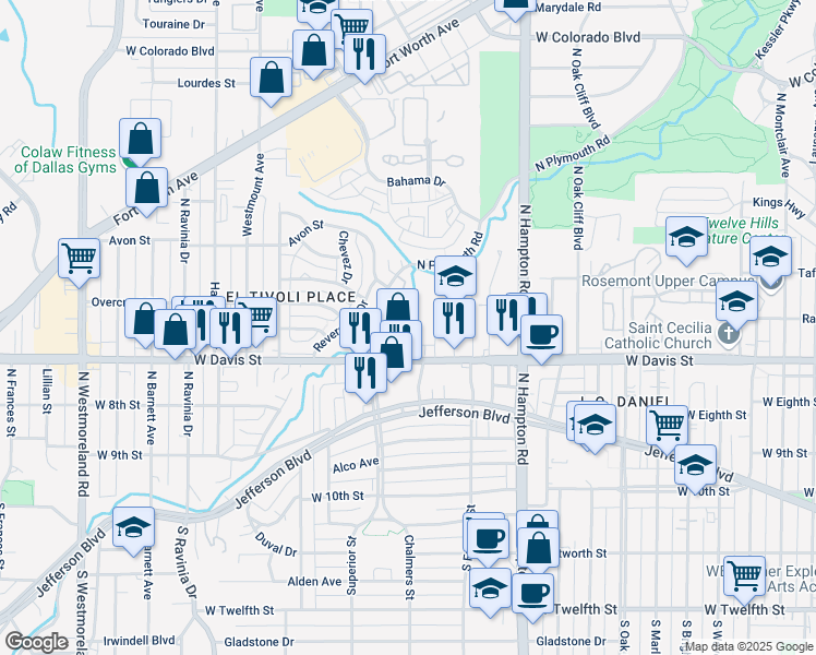 map of restaurants, bars, coffee shops, grocery stores, and more near 640 North Plymouth Road in Dallas
