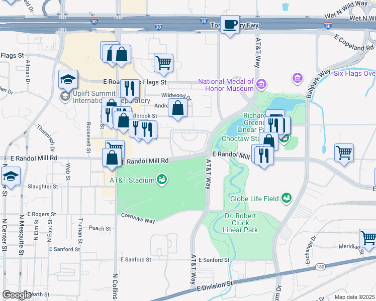 map of restaurants, bars, coffee shops, grocery stores, and more near 1271 Enclave Circle in Arlington