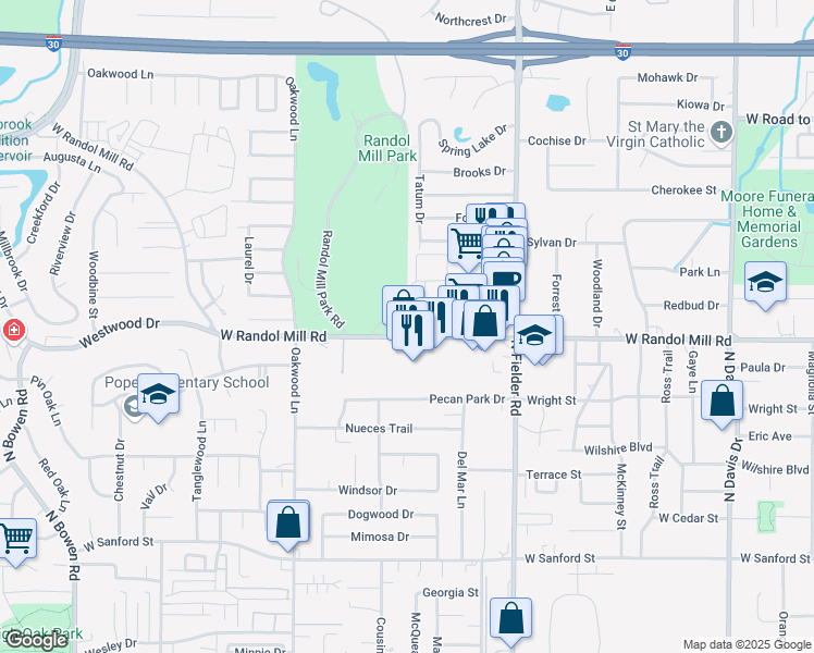 map of restaurants, bars, coffee shops, grocery stores, and more near 1104 Millview Drive in Arlington