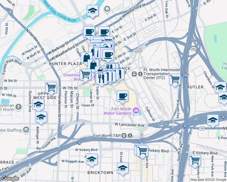 map of restaurants, bars, coffee shops, grocery stores, and more near 204 West 9th Street in Fort Worth