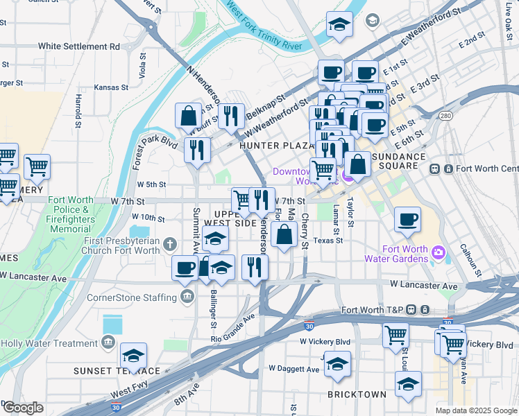 map of restaurants, bars, coffee shops, grocery stores, and more near in Fort Worth