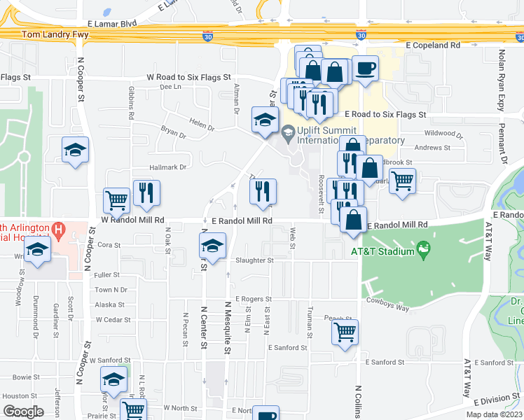 map of restaurants, bars, coffee shops, grocery stores, and more near 1012 Thannisch Drive in Arlington