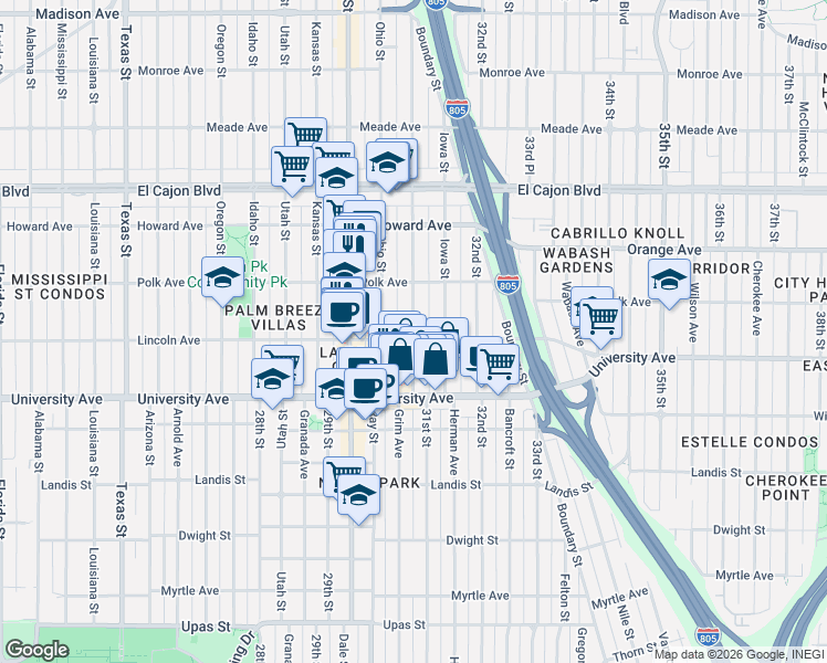 map of restaurants, bars, coffee shops, grocery stores, and more near 4031 Illinois Street in San Diego
