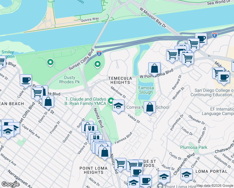 map of restaurants, bars, coffee shops, grocery stores, and more near 4411 Mentone Street in San Diego