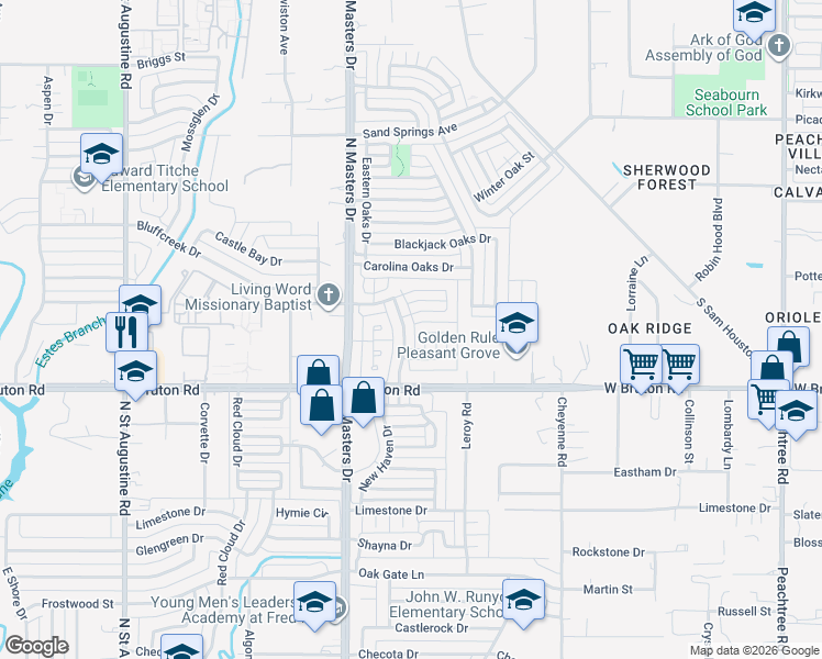 map of restaurants, bars, coffee shops, grocery stores, and more near 10324 Whitingham Drive in Dallas