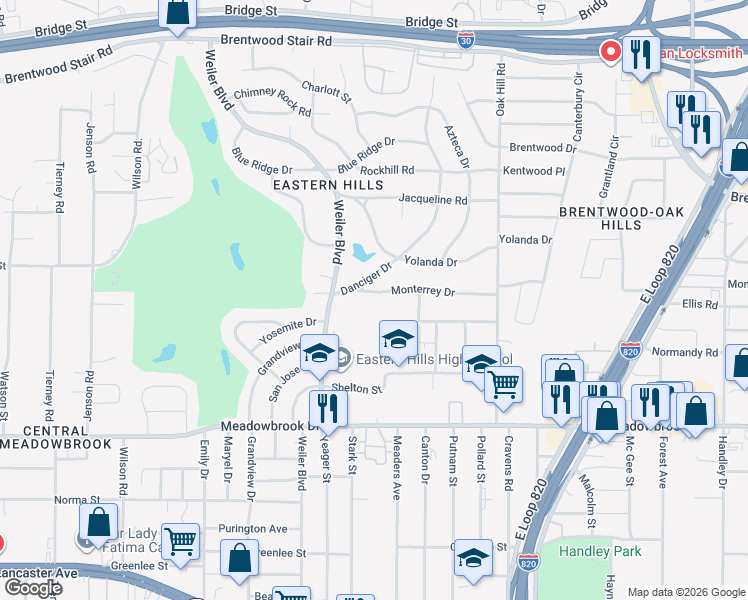 map of restaurants, bars, coffee shops, grocery stores, and more near 5733 Monterrey Drive in Fort Worth