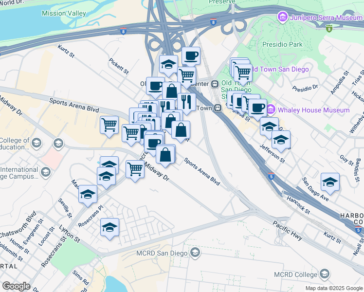 map of restaurants, bars, coffee shops, grocery stores, and more near 2785 Kurtz Street in San Diego