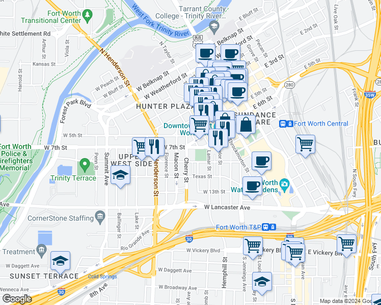 map of restaurants, bars, coffee shops, grocery stores, and more near 801 Cherry Street in Fort Worth