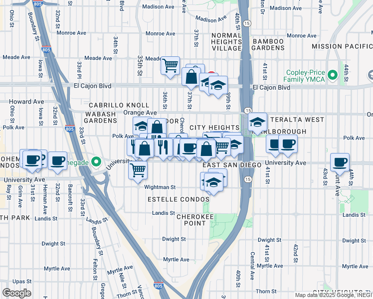 map of restaurants, bars, coffee shops, grocery stores, and more near 4073 Cherokee Avenue in San Diego