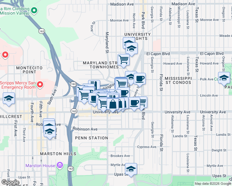map of restaurants, bars, coffee shops, grocery stores, and more near 3950 Cleveland Avenue in San Diego
