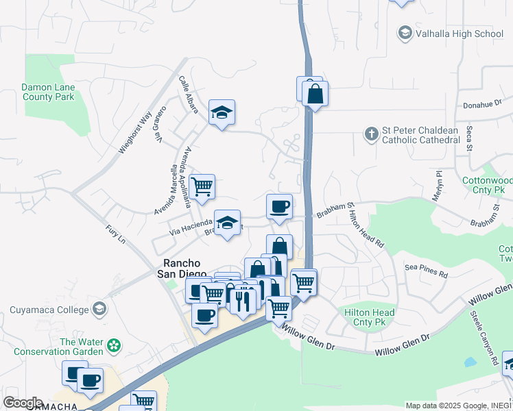 map of restaurants, bars, coffee shops, grocery stores, and more near 11786 Monte View Court in El Cajon