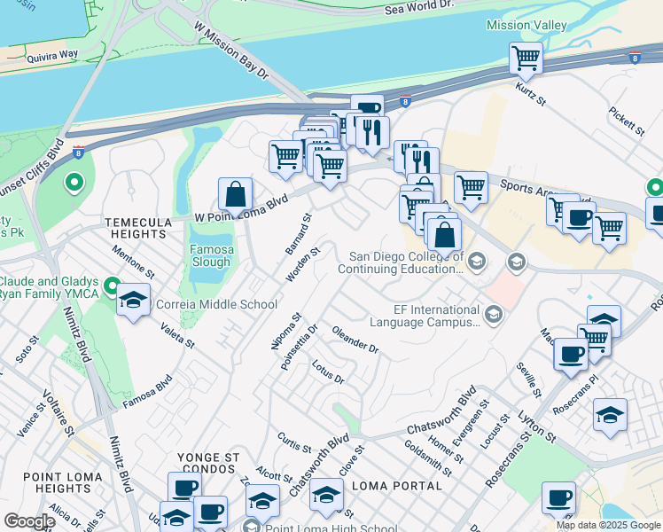 map of restaurants, bars, coffee shops, grocery stores, and more near 3921 Leland Street in San Diego