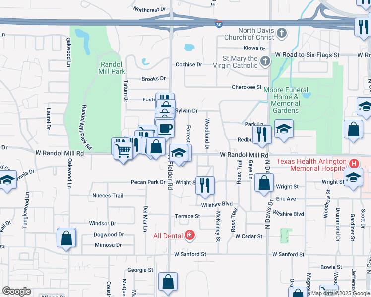 map of restaurants, bars, coffee shops, grocery stores, and more near 1109 North Fielder Road in Arlington