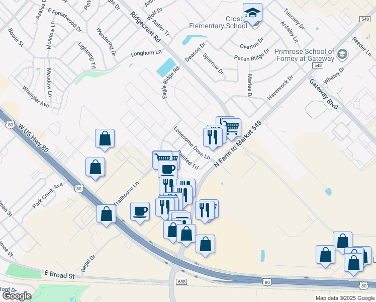 map of restaurants, bars, coffee shops, grocery stores, and more near 104 Cowboy Drive in Forney
