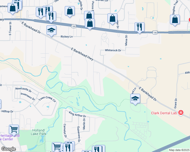 map of restaurants, bars, coffee shops, grocery stores, and more near 901 Terry Trail in Weatherford