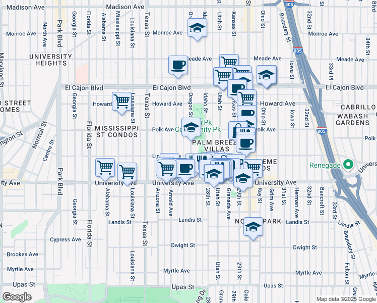 map of restaurants, bars, coffee shops, grocery stores, and more near 4041 Oregon Street in San Diego