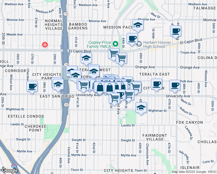 map of restaurants, bars, coffee shops, grocery stores, and more near 4054 43rd Street in San Diego