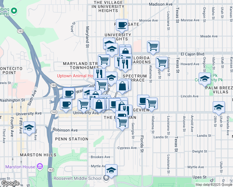 map of restaurants, bars, coffee shops, grocery stores, and more near Lincoln Avenue & Centre Street in San Diego