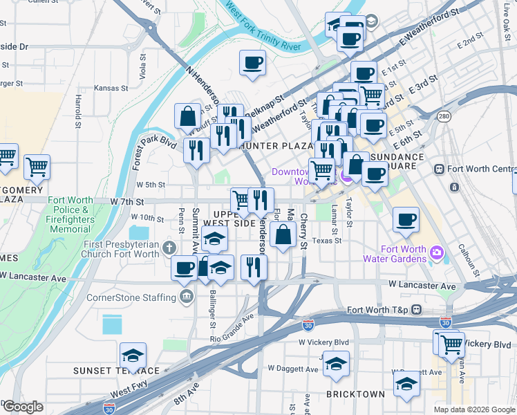 map of restaurants, bars, coffee shops, grocery stores, and more near 1001 West 7th Street in Fort Worth