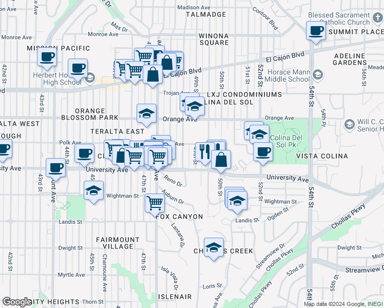 map of restaurants, bars, coffee shops, grocery stores, and more near 4062 49th Street in San Diego
