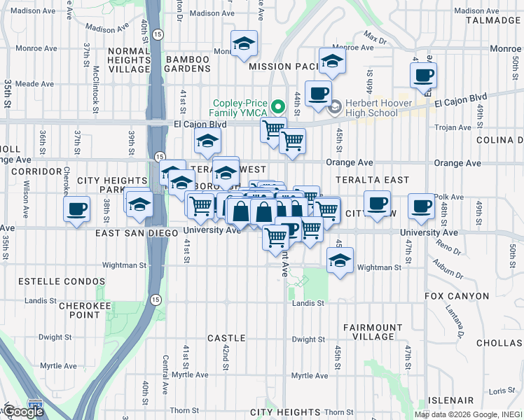 map of restaurants, bars, coffee shops, grocery stores, and more near 4054 43rd Street in San Diego