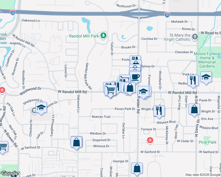 map of restaurants, bars, coffee shops, grocery stores, and more near 1104 Millview Drive in Arlington