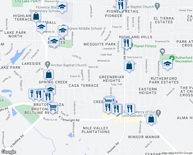 map of restaurants, bars, coffee shops, grocery stores, and more near 1228 Greenway Drive in Mesquite