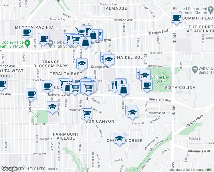 map of restaurants, bars, coffee shops, grocery stores, and more near 4062 49th Street in San Diego