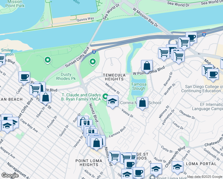 map of restaurants, bars, coffee shops, grocery stores, and more near 4411 Mentone Street in San Diego