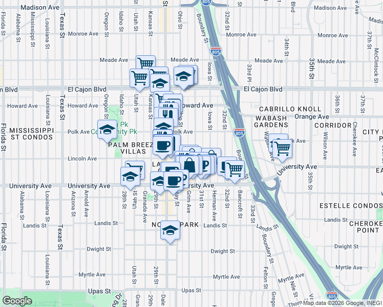 map of restaurants, bars, coffee shops, grocery stores, and more near 4031 Illinois Street in San Diego