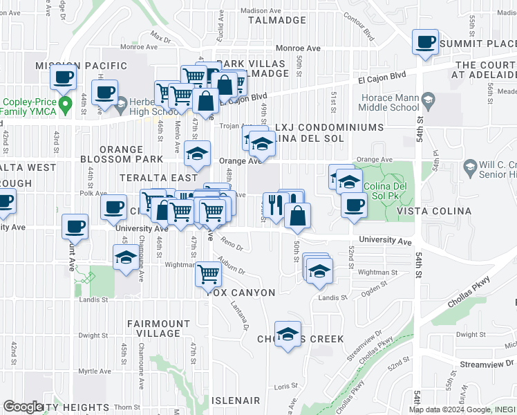 map of restaurants, bars, coffee shops, grocery stores, and more near 4079 Estrella Avenue in San Diego