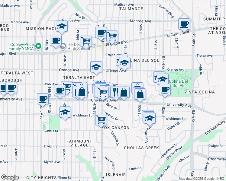 map of restaurants, bars, coffee shops, grocery stores, and more near 4074 48th Street in San Diego