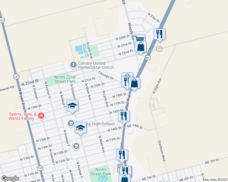 map of restaurants, bars, coffee shops, grocery stores, and more near 120-122 North 19th Street in Lamesa