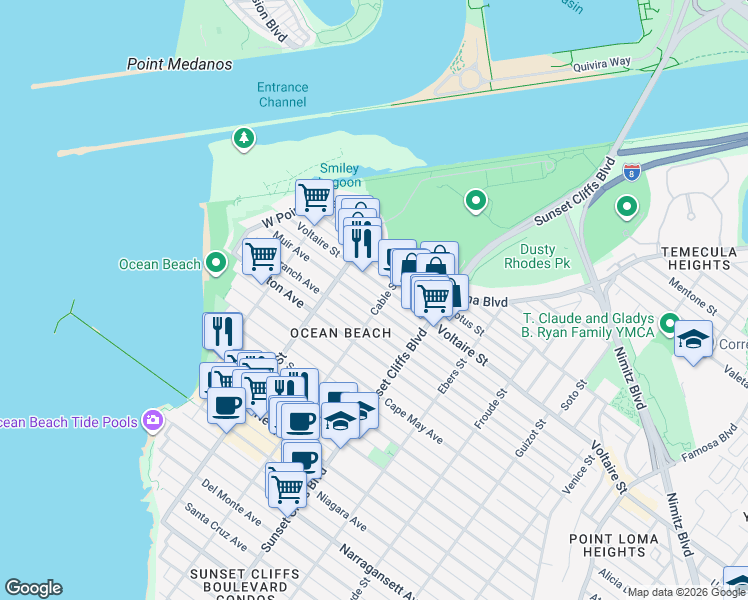map of restaurants, bars, coffee shops, grocery stores, and more near 4942 Muir Avenue in San Diego