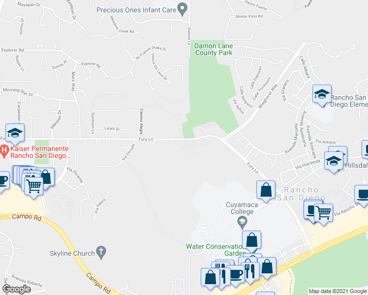 map of restaurants, bars, coffee shops, grocery stores, and more near 11507 Fury Lane in El Cajon