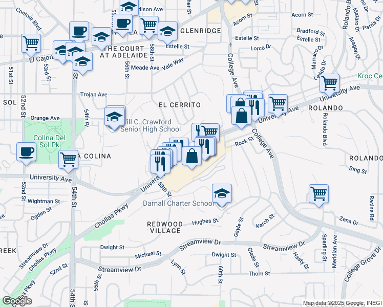 map of restaurants, bars, coffee shops, grocery stores, and more near 5975 University Ave in San Diego