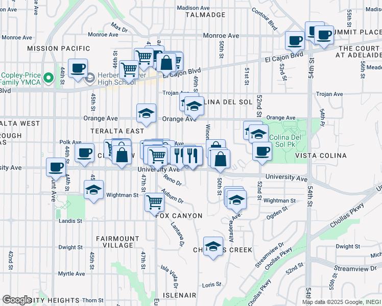 map of restaurants, bars, coffee shops, grocery stores, and more near 4079 Estrella Avenue in San Diego