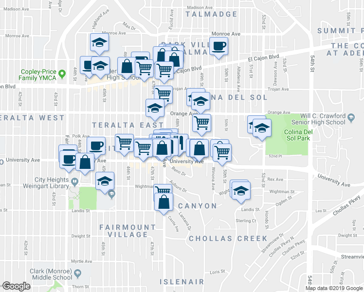map of restaurants, bars, coffee shops, grocery stores, and more near 4074 48th Street in San Diego