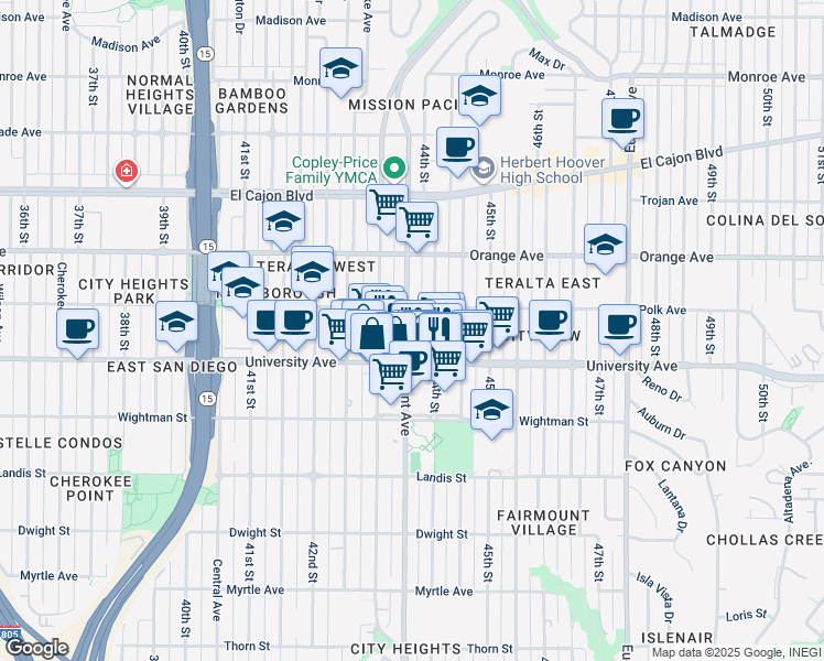map of restaurants, bars, coffee shops, grocery stores, and more near 4077 Fairmount Avenue in San Diego