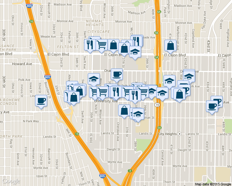 map of restaurants, bars, coffee shops, grocery stores, and more near 4073 Cherokee Avenue in San Diego
