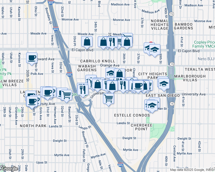 map of restaurants, bars, coffee shops, grocery stores, and more near 4064 35th Street in San Diego
