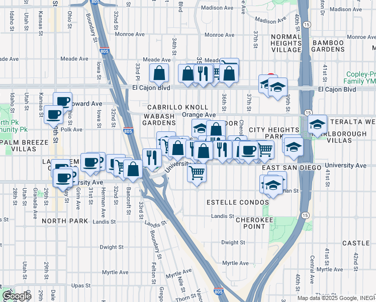 map of restaurants, bars, coffee shops, grocery stores, and more near 4064 35th Street in San Diego
