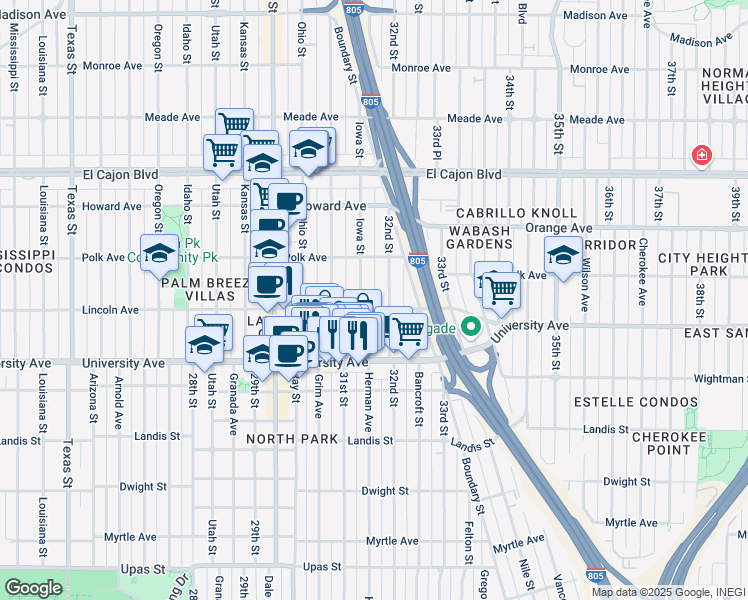 map of restaurants, bars, coffee shops, grocery stores, and more near 4033 Iowa Street in San Diego