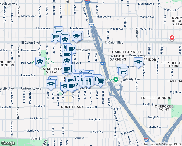 map of restaurants, bars, coffee shops, grocery stores, and more near 4033 Iowa Street in San Diego