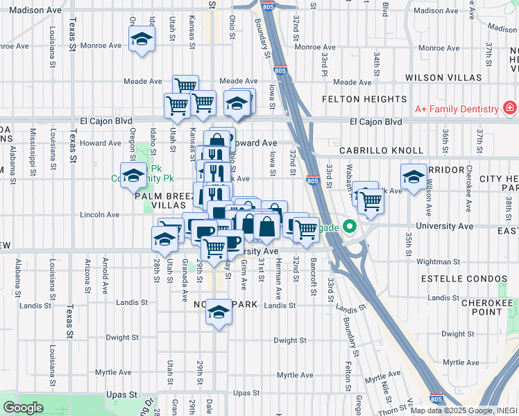 map of restaurants, bars, coffee shops, grocery stores, and more near 4031 Illinois Street in San Diego