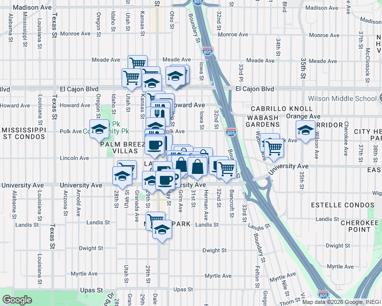 map of restaurants, bars, coffee shops, grocery stores, and more near 4031 Illinois Street in San Diego