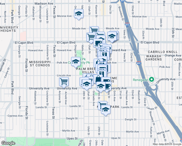 map of restaurants, bars, coffee shops, grocery stores, and more near 4046 Kansas Street in San Diego