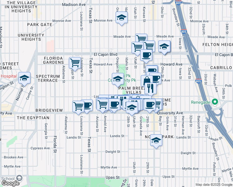 map of restaurants, bars, coffee shops, grocery stores, and more near 4041 Oregon Street in San Diego