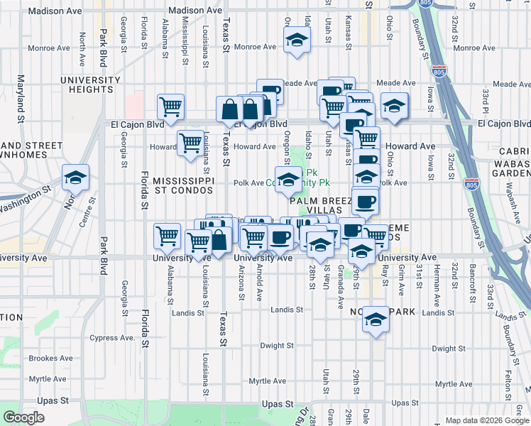 map of restaurants, bars, coffee shops, grocery stores, and more near 4032 Hamilton Street in San Diego