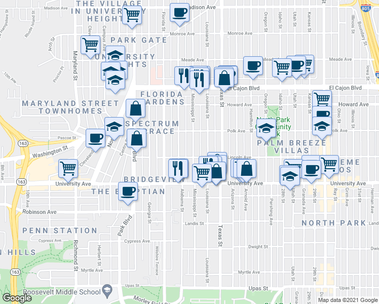 map of restaurants, bars, coffee shops, grocery stores, and more near 4035 Mississippi Street in San Diego